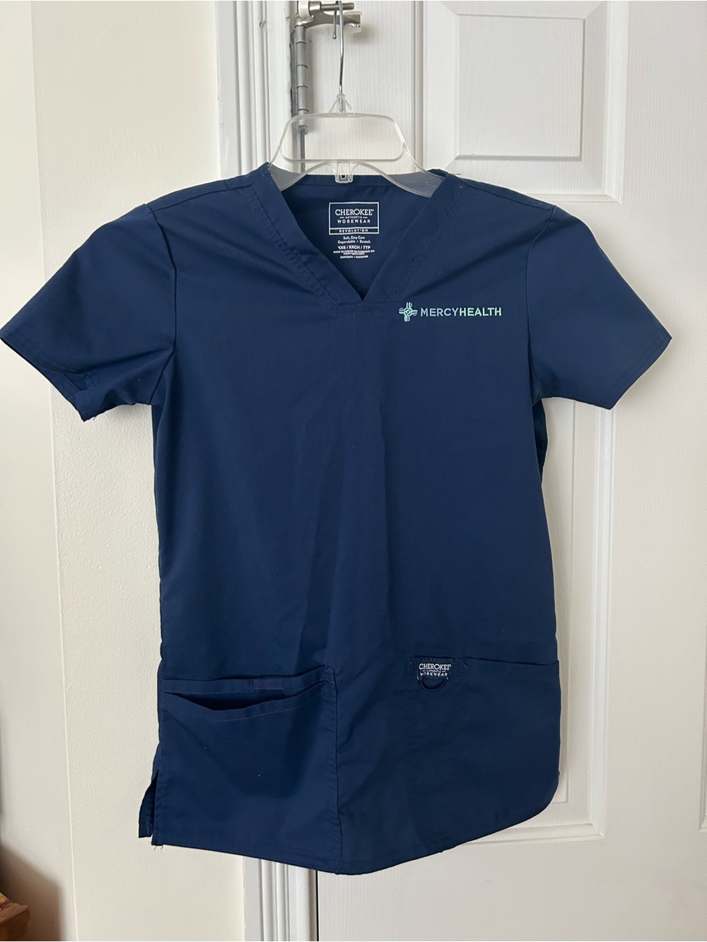 Cherokee Navy Short Sleeve Medical Scrub Top with MercyHealth Logo